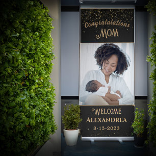 Congratulations Mom Mother Baby Photo Black Gold Retractable Banner