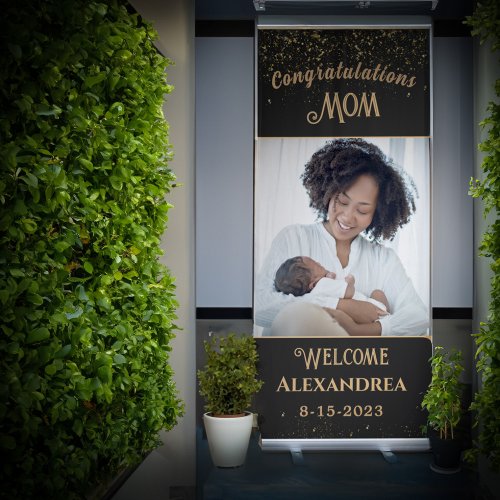 Congratulations Mom Mother Baby Photo Black Gold  Retractable Banner