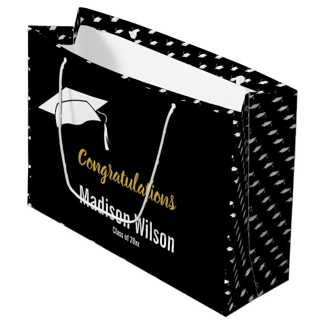 Congratulations Name Black White Gold Graduation Large Gift Bag (Front Angled)