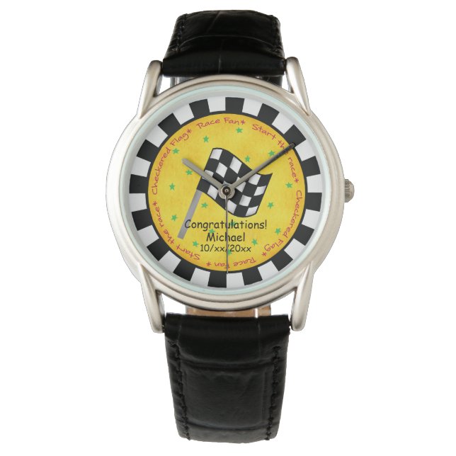 Congratulations Name Personalize Checkered Flag Watch (Front)