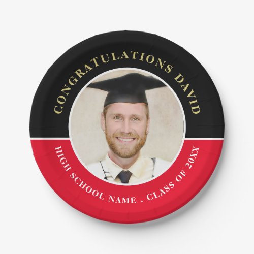 Congratulations Name Photo Black Red Graduation Paper Plates