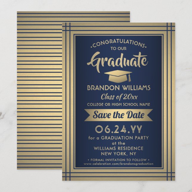 Congratulations Navy and Gold Stripes Graduation Save The Date (Front/Back)