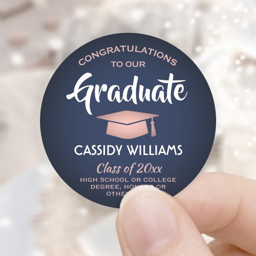 Congratulations Navy and Pink Rose Gold Graduation Classic Round Sticker