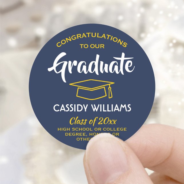 Congratulations Navy Blue and Gold Graduation Classic Round Sticker (Creator Uploaded)