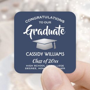 Congratulations Navy Blue and White Graduation Square Sticker