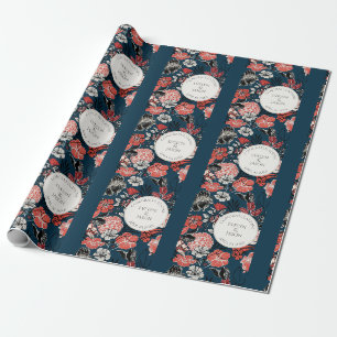 Congratulations Navy Blue Floral Pattern Wrapping Paper