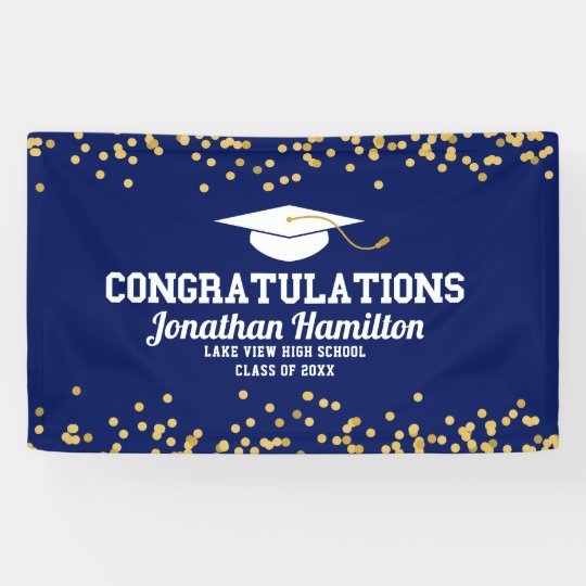 Congratulations Navy Blue Gold Grad Party Banner | Zazzle.com