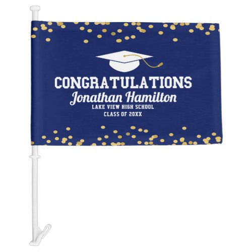 Congratulations Navy Blue Gold Grad Party Car Flag