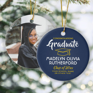 Congratulations Navy Blue & Gold Graduation Photo Ceramic Ornament