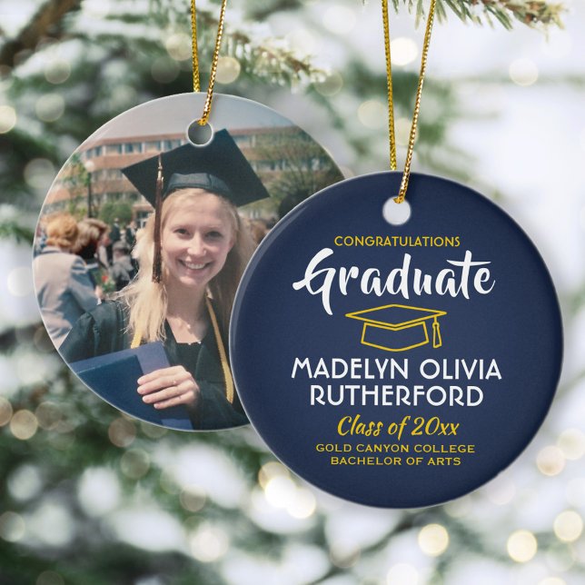 Congratulations Navy Blue & Gold Graduation Photo Ceramic Ornament (Creator Uploaded)