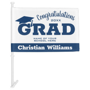 Congratulations Navy Blue on White Graduation Car Flag