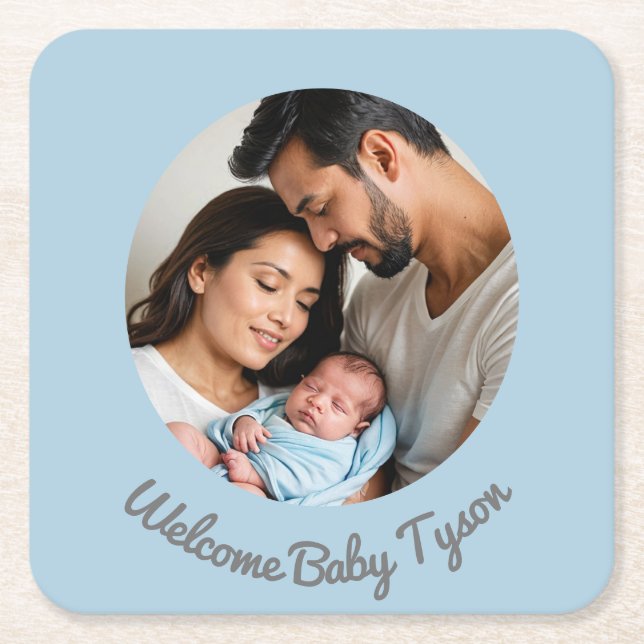 "Congratulations New Baby Boy" Blue Welcome  Square Paper Coaster (Front)