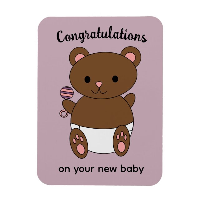 Congratulations New Baby Girl Bear Pink Purple Magnet (Vertical)