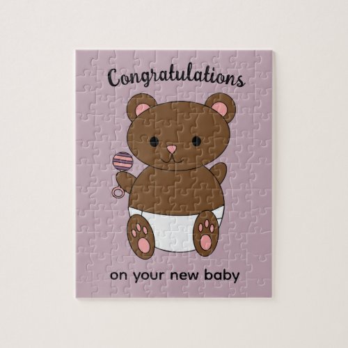 Congratulations New Baby Girl Bear Purple Postcard Jigsaw Puzzle