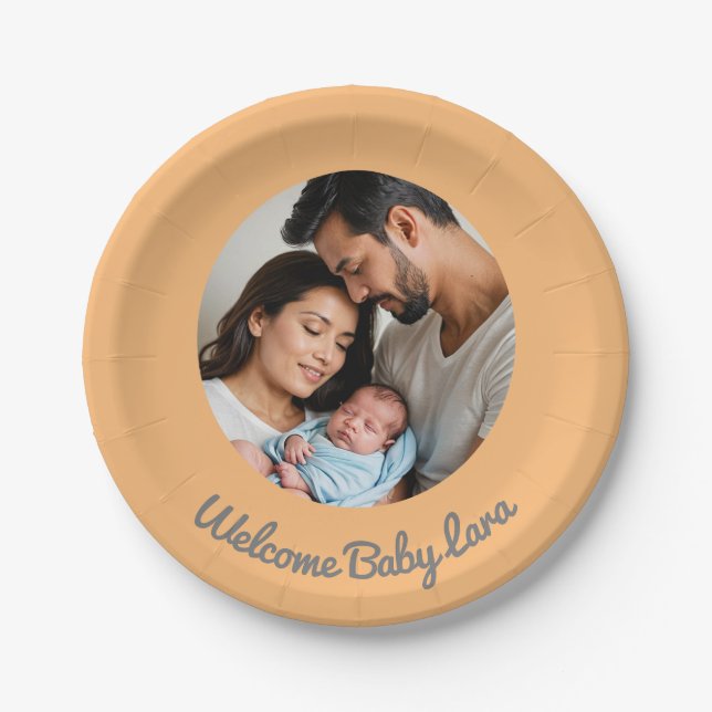 Congratulations new baby peach, welcome custom  paper plates (Front)