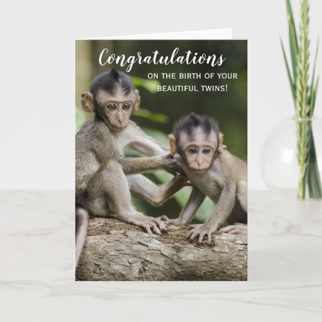 Congratulations New Baby Twins Monkey Card (Front)