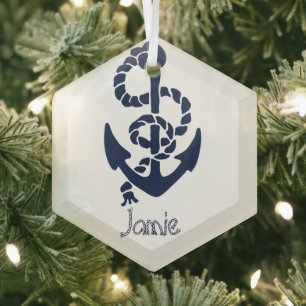 Congratulations! New Boat Nautical Navy Anchor Glass Ornament