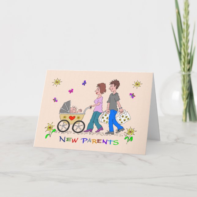 Congratulations New Parents Smiling Family Cartoon Card (Front)