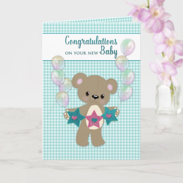 Congratulations on New Baby Neutral Teddy Bear Card (Orchid)