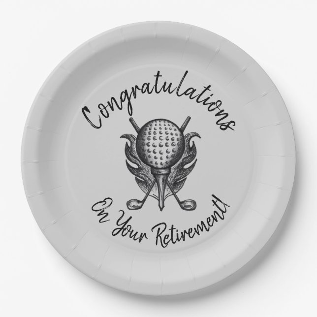 Congratulations on Retirement Golf Ball Tee Clubs Paper Plates (Front)