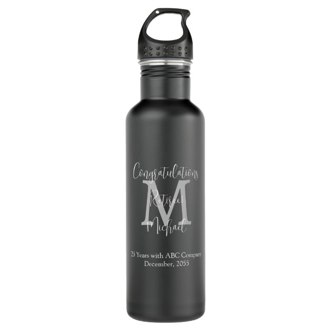 Congratulations on Retirement Monogram Name Black  Stainless Steel Water Bottle (Front)