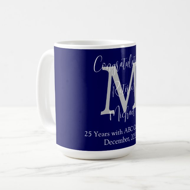 Congratulations on Retirement, Monogram, Name Blue Coffee Mug (Front Left)