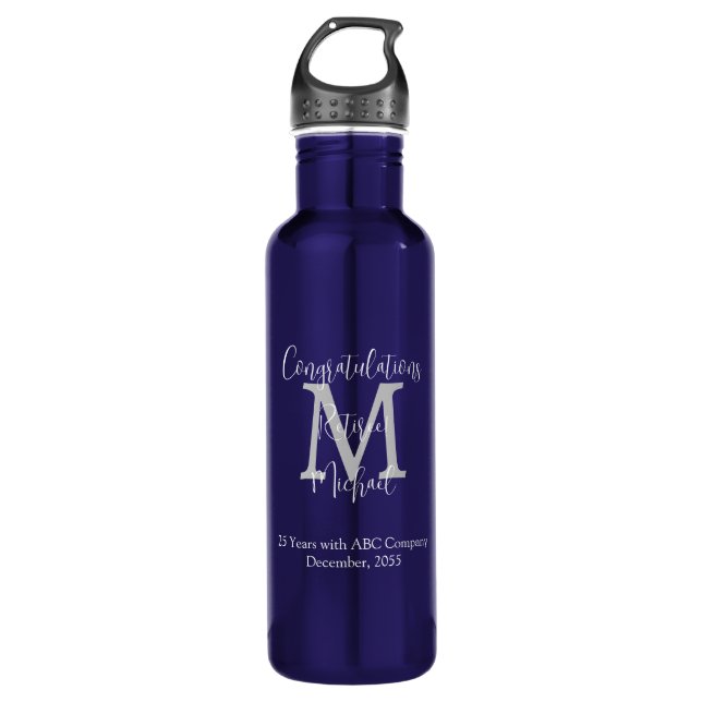 Congratulations on Retirement Monogram Name Blue  Stainless Steel Water Bottle (Front)