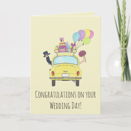 Congratulations on Wedding Day Yellow Retro Car Card