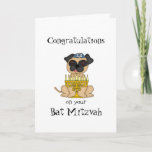 Congratulations on your Bat Mitzvah-Pug Dog Card<br><div class="desc">This cute little pug is sitting with a menorah with candles lit,  and wearing a tiny yarmulke. Inside is a nice verse which you can personalize.</div>