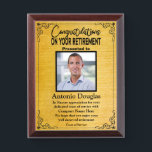 Congratulations on your Retirement Custom Photo Aw Award Plaque<br><div class="desc">Award to recognize your favorite Employee. Let them know how much you appreciate them. Personalized Photo,  Perfect gift for an employee who is retiring and needs a memento with a personal sentiment. retirement quotes for award black and gold</div>
