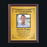 Congratulations on your Retirement Custom Photo Award Plaque<br><div class="desc">Award to recognize your favorite Employee. Let them know how much you appreciate them. Personalized Photo,  Best Words of Appreciation for Employee of the Month</div>