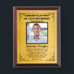 Congratulations on your Retirement Custom Photo Award Plaque<br><div class="desc">Award to recognize your favorite Employee. Let them know how much you appreciate them. Personalized Photo,  Best Words of Appreciation for Employee of the Month</div>