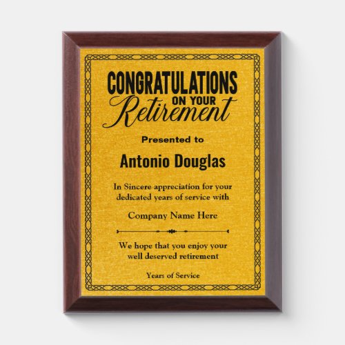 Congratulations on your Retirement Gold  Black Aw Award Plaque