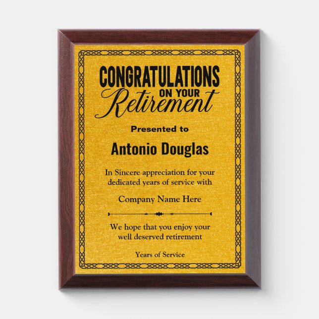 Congratulations on your Retirement Gold & Black Aw Award Plaque (Vertical)