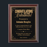 Congratulations on your Retirement Gold & Black  Award Plaque<br><div class="desc">Award to recognize your favorite Employee. Let them know how much you appreciate them. Perfect gift for an employee who is retiring and needs a memento with a personal sentiment. retirement quotes for award black and gold</div>