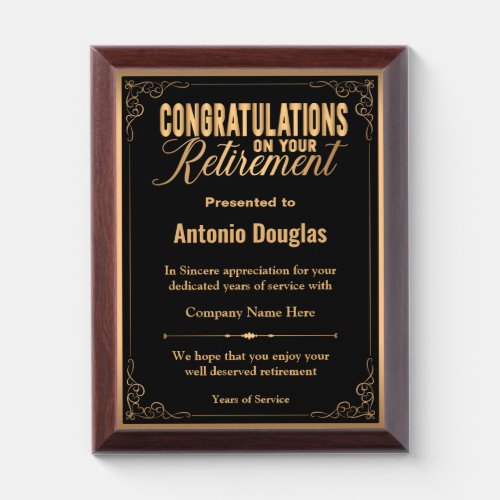 Congratulations on your Retirement Gold  Black  Award Plaque