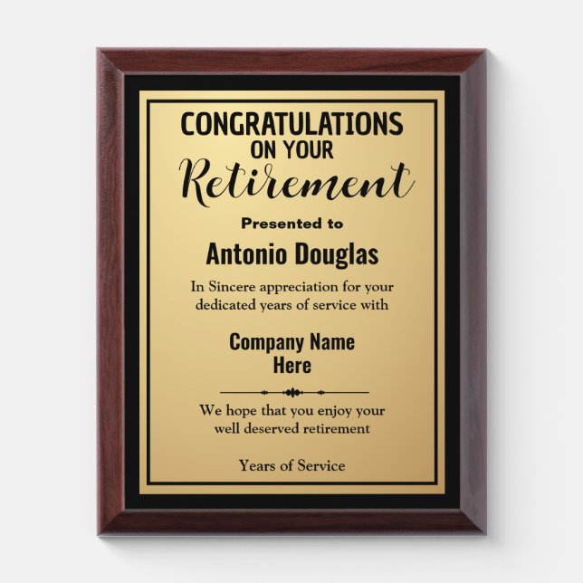 Congratulations on your Retirement Gold & Black Award Plaque (Vertical)