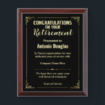 Congratulations on your Retirement Gold & Black Award Plaque<br><div class="desc">Award to recognize your favorite Employee. Let them know how much you appreciate them. Perfect gift for an employee who is retiring and needs a memento with a personal sentiment. retirement quotes for award black and gold</div>