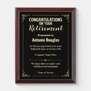 Congratulations on your Retirement Gold & Black Award Plaque