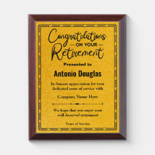 Congratulations on your Retirement Gold & Black Award Plaque