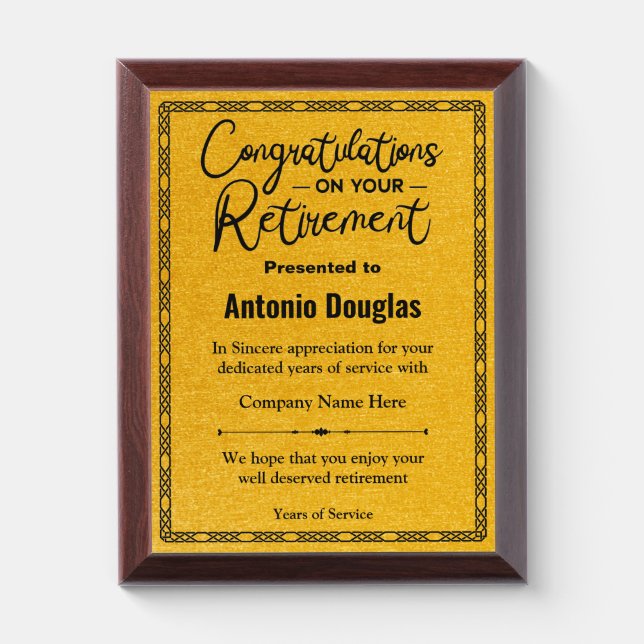Congratulations on your Retirement Gold & Black Award Plaque (Vertical)