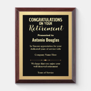 Congratulations on your Retirement Gold & Black Award Plaque