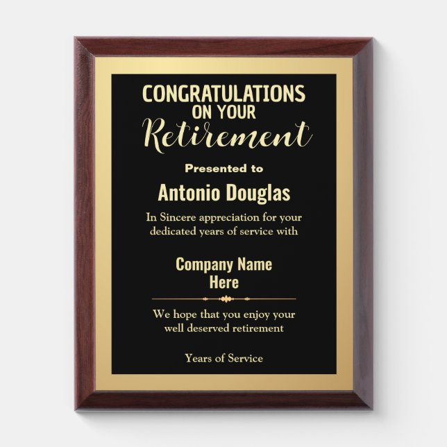 Congratulations on your Retirement Gold & Black  Award Plaque (Vertical)