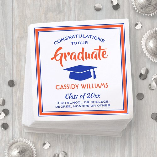 Congratulations Orange and Blue Modern Graduation Napkins