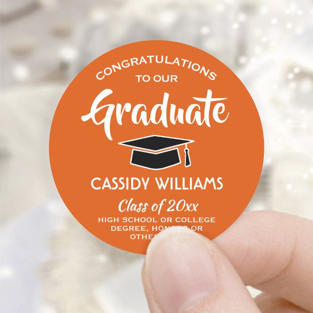 Congratulations Orange, White and Black Graduation Classic Round Sticker (Creator Uploaded)