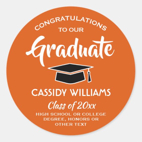 Congratulations Orange White and Black Graduation Classic Round Sticker