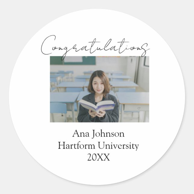 Congratulations photo graduate name university yea classic round sticker (Front)