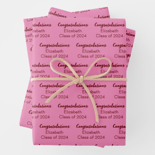 Congratulations Pink Dark Red Class of 2024 Name Wrapping Paper Sheets