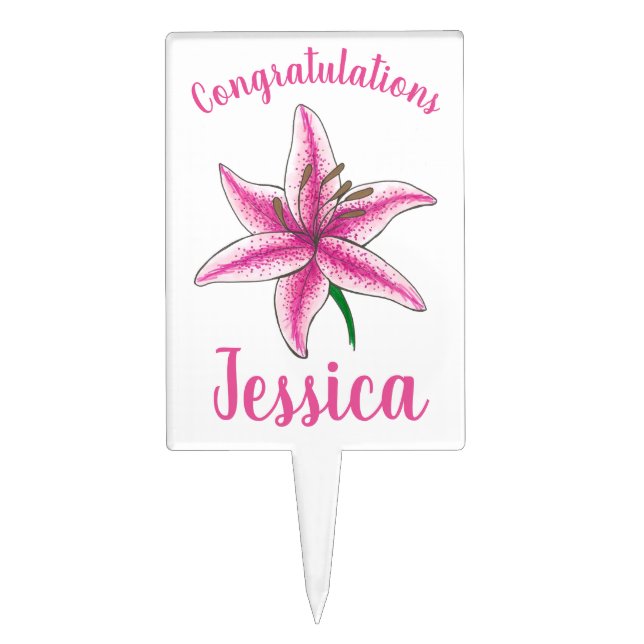 Congratulations Pink Lily Flower Bridal Shower Cake Topper (Front)