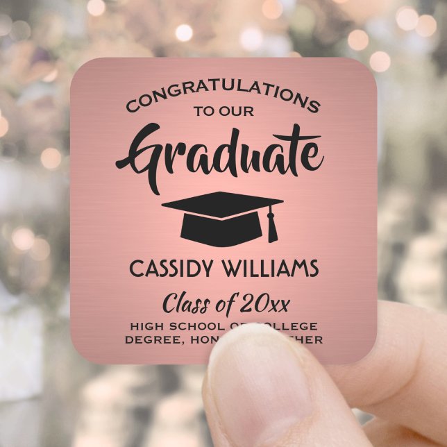 Congratulations Pink Rose Gold & Black Graduation Square Sticker (Creator Uploaded)